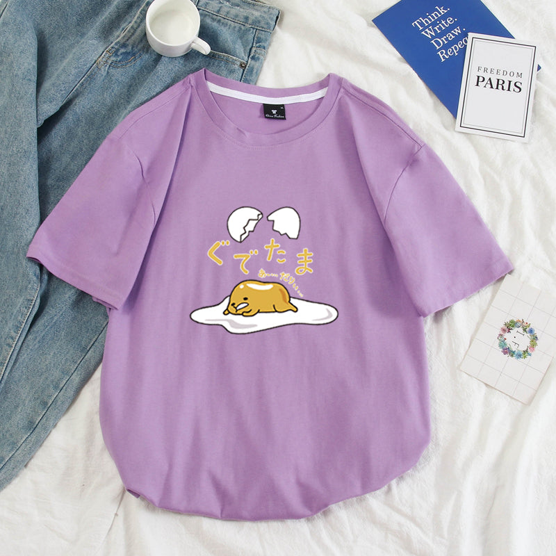Funny Lazy Egg Cartoon Anime Print Casual Summer Loose Short Sleeve Tee Shirt T-shirt Top E-Girl Kawaii Korean Japanese Harajuku Streetwear
