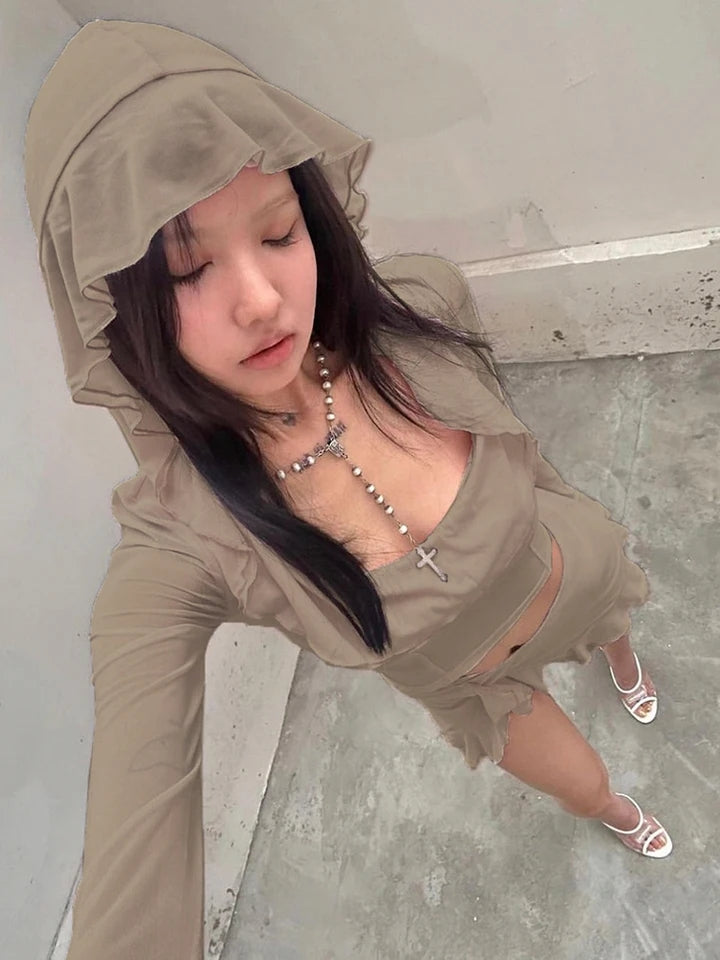 2PCS Hoodie Long Sleeve Top + Mini Skirt