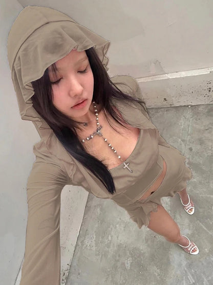 2PCS Hoodie Long Sleeve Top + Mini Skirt