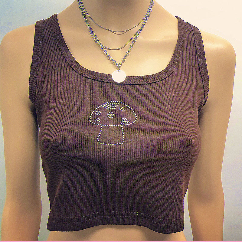 Cute 90s Vintage Brown Mushroom Diamond Aesthetics Crop Top Tank Sleeveless Shirt Summer Casual E-Girl Kawaii Korean Japanese Harajuku Streetwear