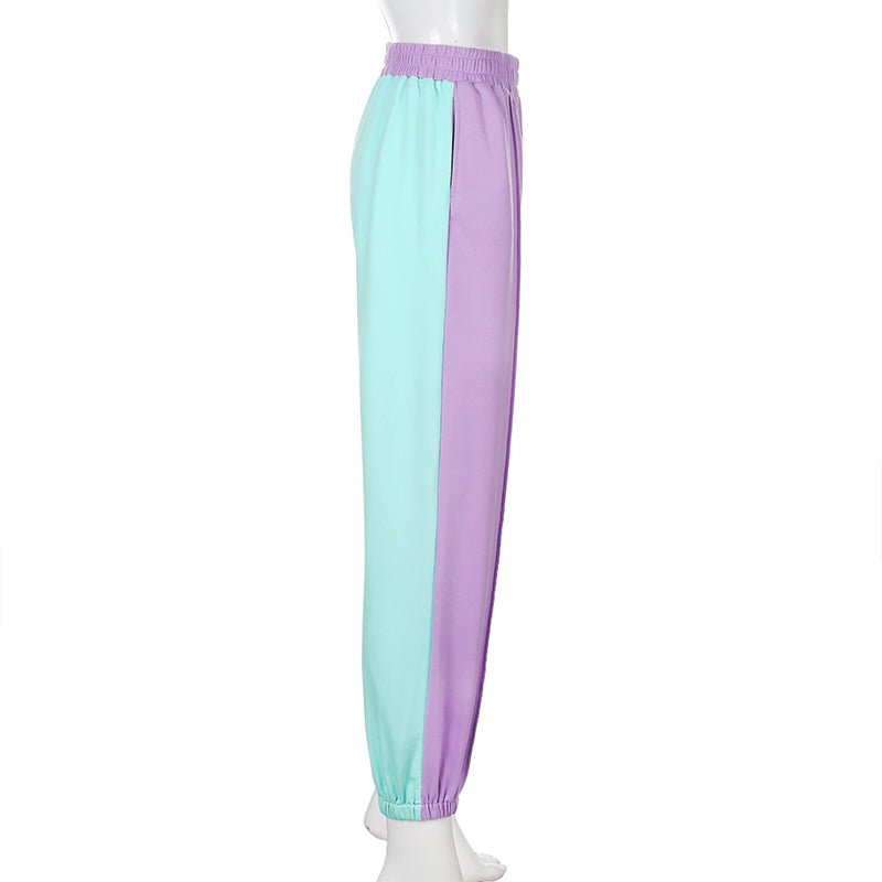 Cute Patchwork Color Contrast Baggy Jogger Pink Blue Sweatpants High Waist Trousers E-Girl Kawaii Korean Japanese Harajuku Retro Streetwear Aesthetic
