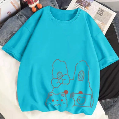 Cute Rabbit Bunny Camera Graphic Cartoon Print Loose Short Sleeve T-shirt Aesthetic Casual Summer E-Girl Kawaii Korean Japanese Harajuku