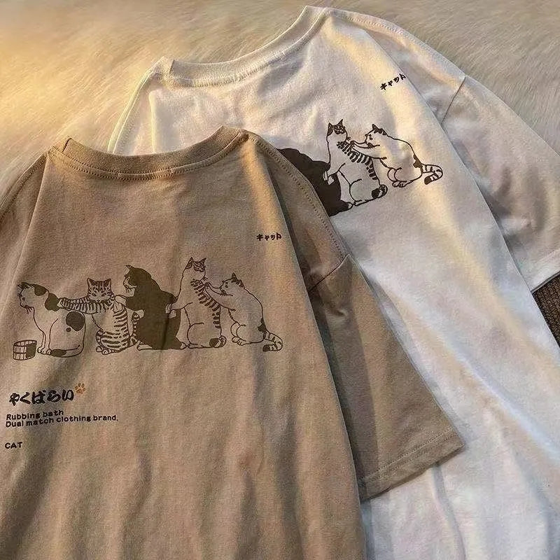 Oversized Cat Print Short Sleeve T-shirt