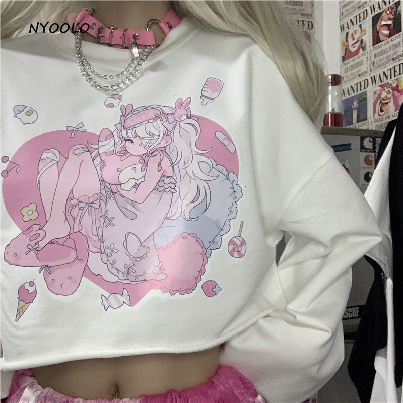 Sweet Anime Girl Cartoon Print Loose Long Sleeve Sweatshirt Sweater Pullover Jumper Autumn Causal E-Girl Kawaii Korean Japanese Harajuku Streetwear