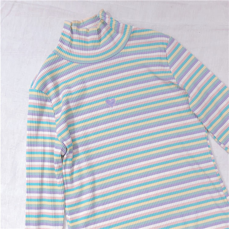 Cute Heart Sweet Rainbow Pastel Turtleneck Stripe Knit Long Sleeve Shirt Top Pullover Sweater E-Girl Kawaii Korean Japanese Harajuku Retro Streetwear
