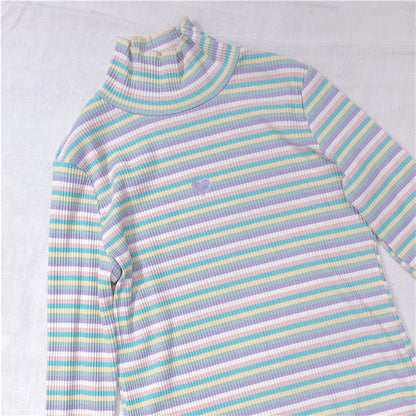 Cute Heart Sweet Rainbow Pastel Turtleneck Stripe Knit Long Sleeve Shirt Top Pullover Sweater E-Girl Kawaii Korean Japanese Harajuku Retro Streetwear