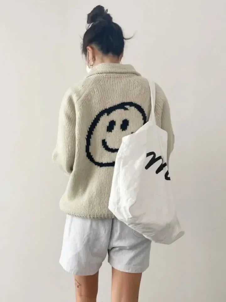 Smiley Face Loose Zipper Sweater