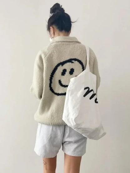 Smiley Face Loose Zipper Sweater