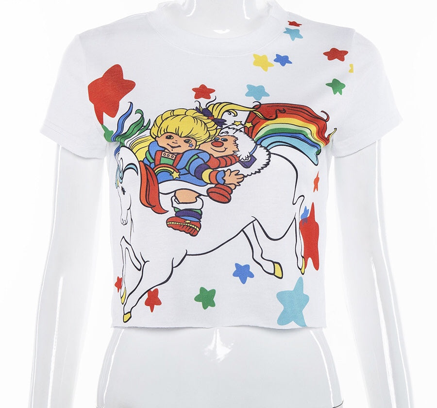 Cute Sexy White Unicorn Rainbow Cartoon Crop Top T-shirt Tee Short Sleeve Shirt E-Girl Kawaii Korean Japanese Harajuku Retro Streetwear