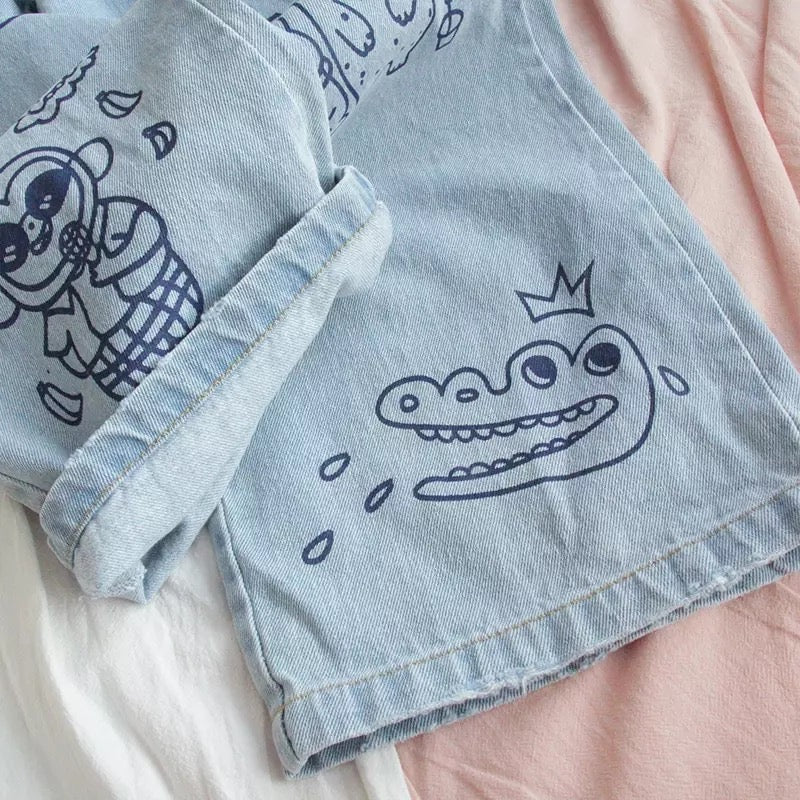Cat Animal Cartoon Print Loose High Waisted Straight Demin Jeans Trousers Female Pants E-Girl Kawaii Korean Japanese Harajuku Streetwear