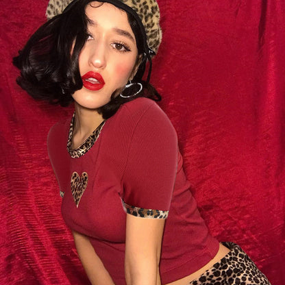 Cute Sexy Leopard Animal Print Heart Crop Top Short Sleeve Shirt Tee T-shirt E-Girl Kawaii Korean Japanese Harajuku Chinese Retro Streetwear Aesthetic
