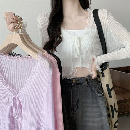 Sheer Lace Long Sleeve Cropped Cardigan