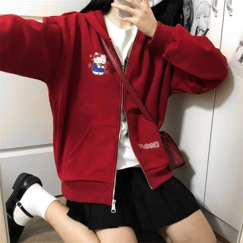 Cat Print Zipper Hoodie