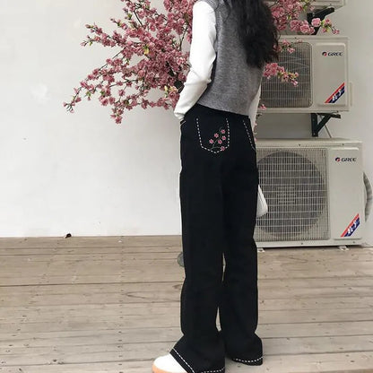 Floral Embroidery Black Cotton Pants
