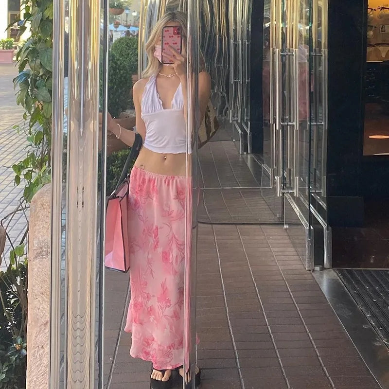 Pink Floral Low Waist Skirt