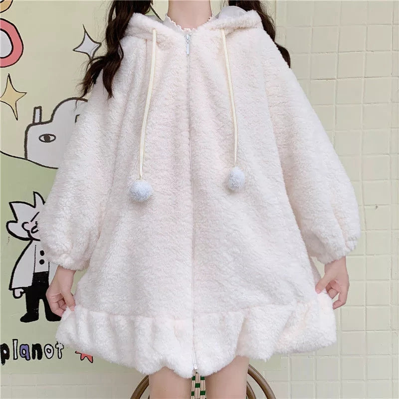 Cute Fluffy Rabbit Ear Oversized Long Sleeve Pullover Hoodie Sweatshirt E-Girl Kawaii Korean Japanese Harajuku