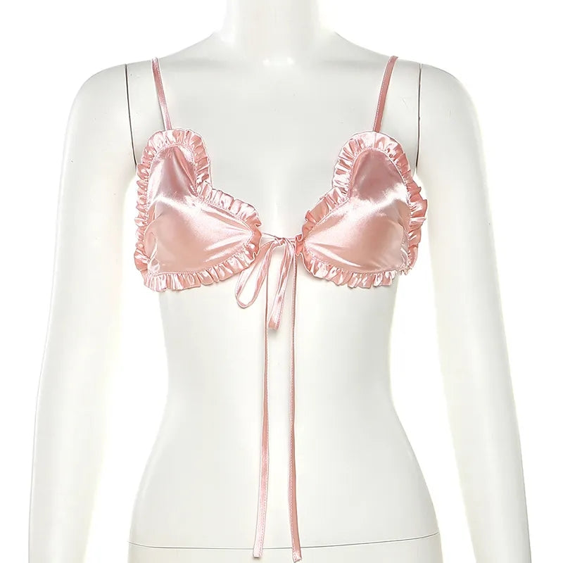 Pink Satin Heart Ruffle Crop Top