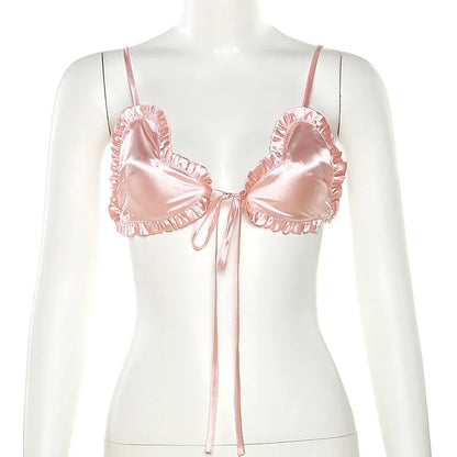 Pink Satin Heart Ruffle Crop Top