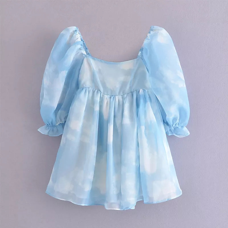 Cute Sexy Blue Cloud Sky Princess Square Neck Puff Sleeve Mini Party Dress Summer Aesthetic E-Girl Kawaii Korean Japanese Harajuku