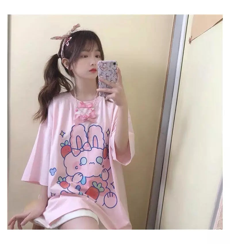 Cute Pastel Pink Sweet Rabbit Crying Strawberry Print Oversized Short Sleeve Shirt Aesthetic Casual E-Girl Kawaii Korean Japanese Harajuku