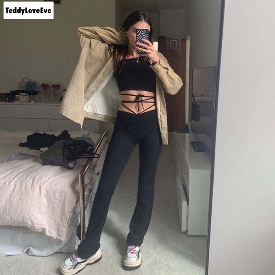 Cute Sexy Black High Waisted Thin Bandage Wrap Tie Pant Trousers Joggers E-Girl Kawaii Korean Japanese Harajuku Chinese Retro Streetwear Aesthetic