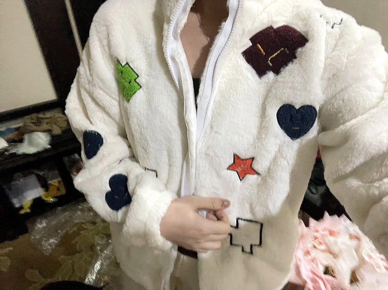 White Embroidery Zip Up Fluffy Fleece Jacket