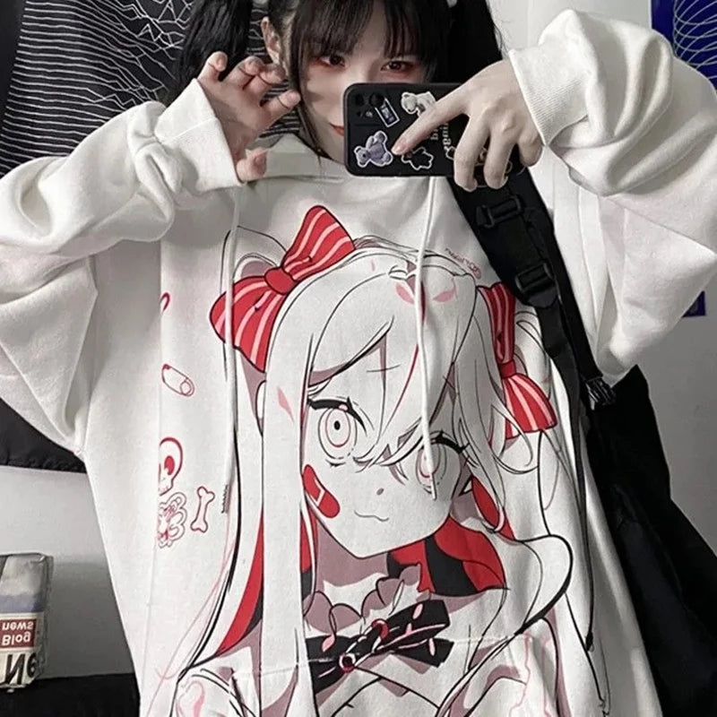 Cute Pink Anime Girl Cartoon Graphic Print Oversized Fleece Hoodie Sweatshirt Aesthetic Casual E-Girl Kawaii Korean Japanese Harajuku