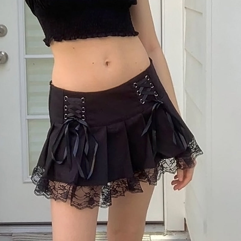 Black Bow Lace Up Pleated Mini Skirt