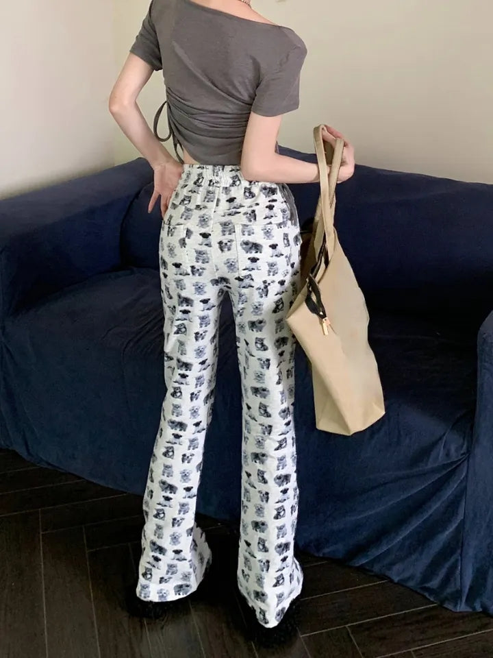 Puppy & Kitten Print Flare Trousers
