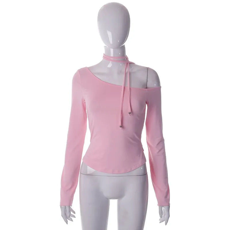 Pink Off Shoulder Long Sleeve Crop Top