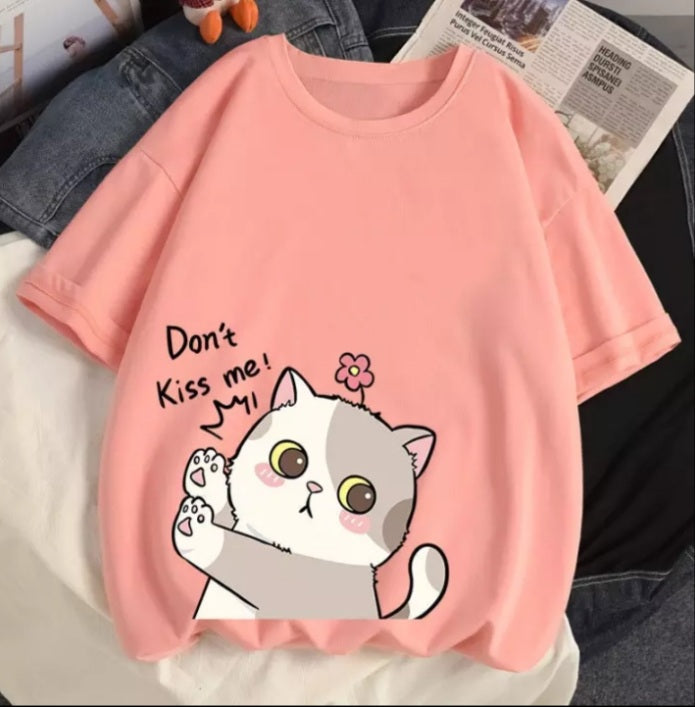 Cute Cat Kitten Don't Kiss Me Graphic Cartoon Print Loose Short Sleeve T-shirt Aesthetic Casual Summer E-Girl Kawaii Korean Japanese Harajuku