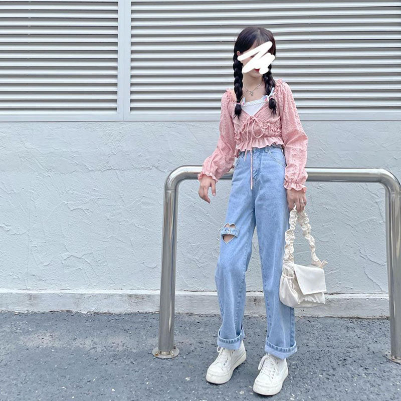 Heart Cut Out Buckle Light Blue Jeans