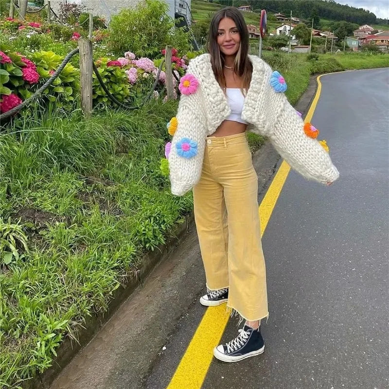3D Flower Crochet Knit Cardigan