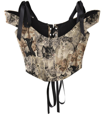 Cat Embroidery Lace Up Corset Top