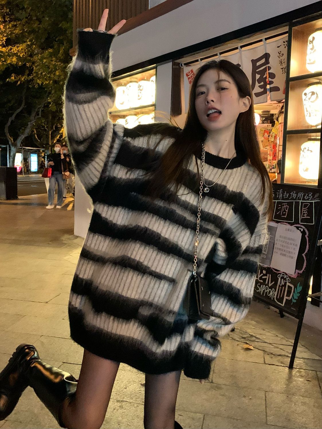 Black Stripe Knit Oversized Sweater