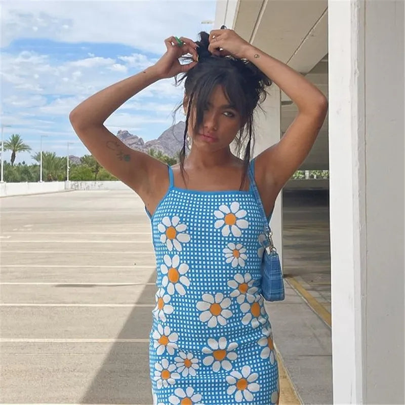 Blue Flower Lace Up Mini Dress