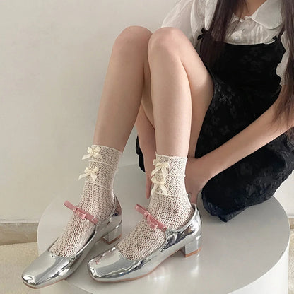 Hollow Out Lace Ruffle Bow Knit Socks