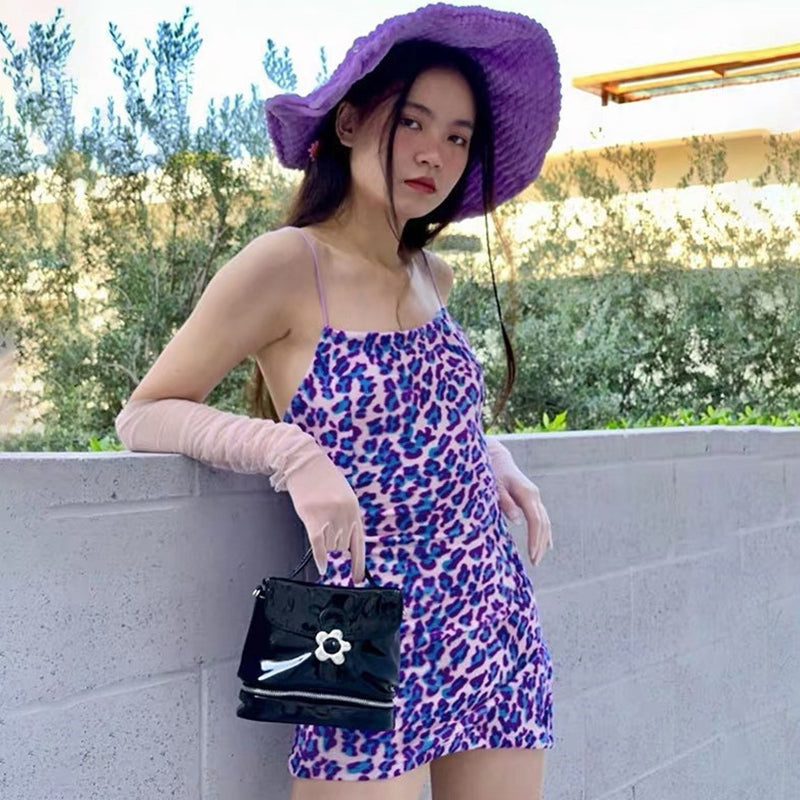 Cute Purple Leopard Spaghetti Strap Backless Mini Dress Party E-Girl Kawaii Korean Japanese Harajuku Chinese Retro Streetwear Aesthetic