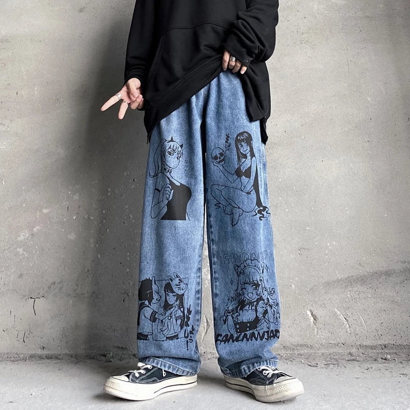 Cute Anime Girl Cartoon Print Denim Jeans Trousers Wide Leg Pants Bottoms Aesthetic Casual Summer E-Girl Kawaii Korean Japanese Harajuku