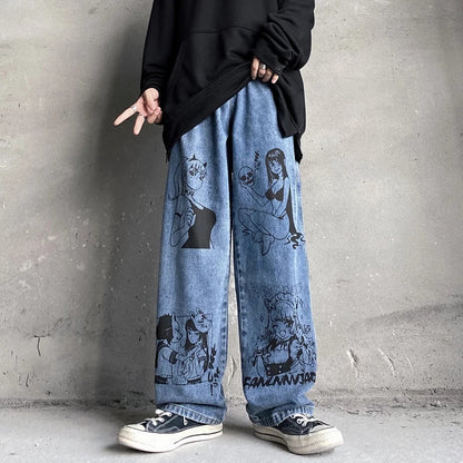 Cute Anime Girl Cartoon Print Denim Jeans Trousers Wide Leg Pants Bottoms Aesthetic Casual Summer E-Girl Kawaii Korean Japanese Harajuku