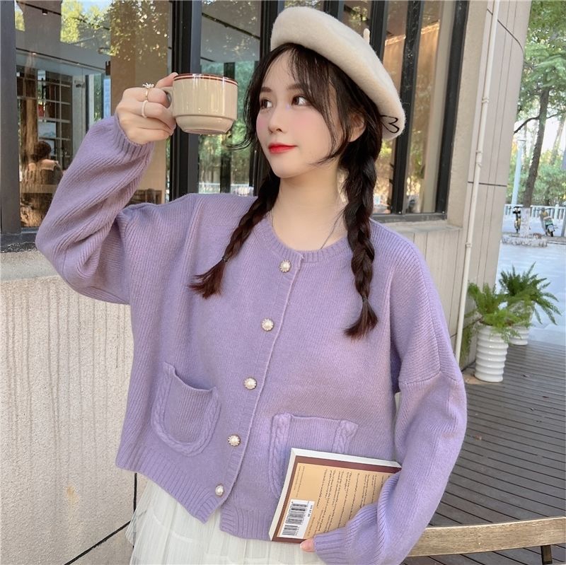 Purple Single Breasted Pocket Loose Cardigan
