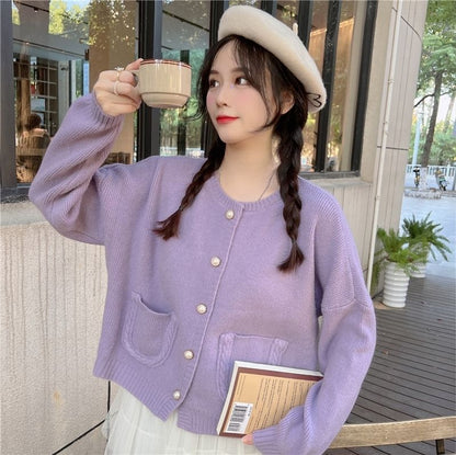 Purple Single Breasted Pocket Loose Cardigan