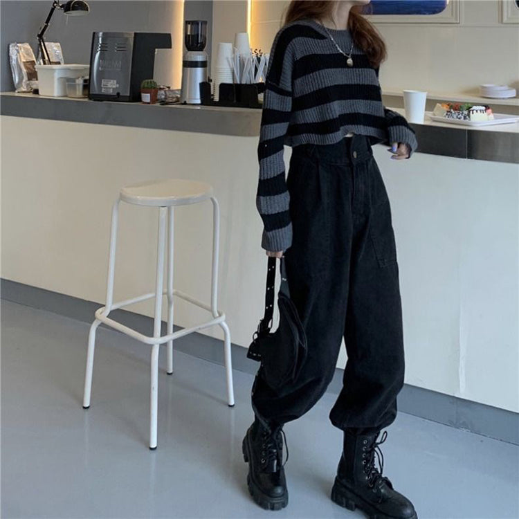 Black & Grey Striped Cropped Long Sleeve Sweater