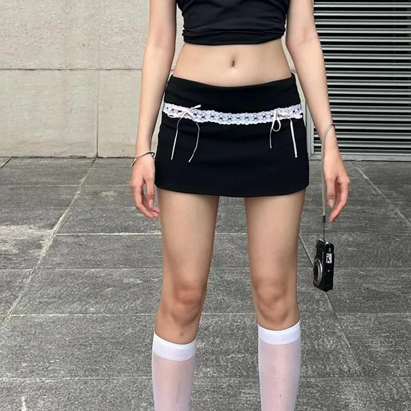 Black Bow Lace Trim High Waist Mini Skirt