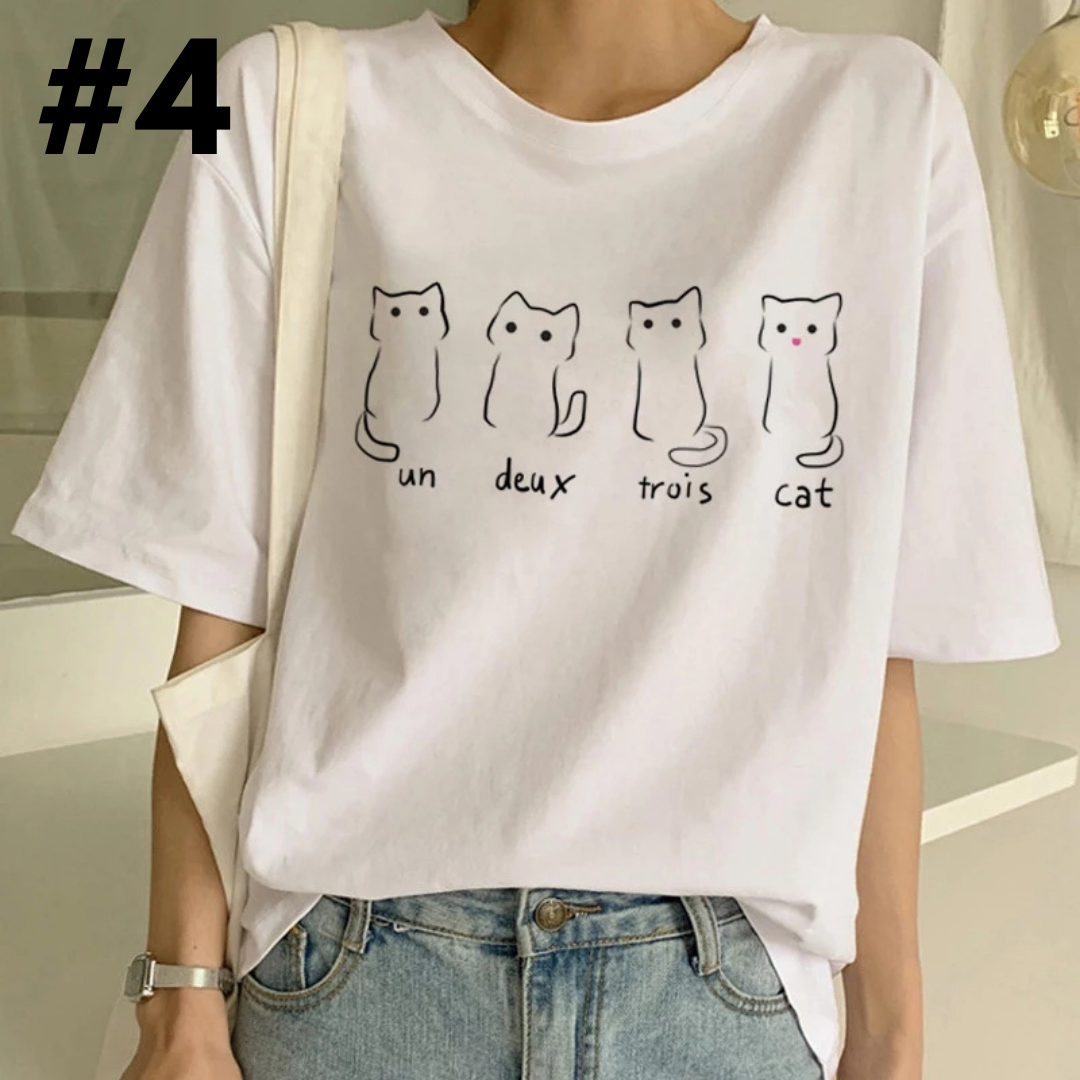 Cute Cat Starry Night Powerline Print Short Sleeve T-shirt Vintage Aesthetic Casual E-Girl Kawaii Korean Japanese Harajuku