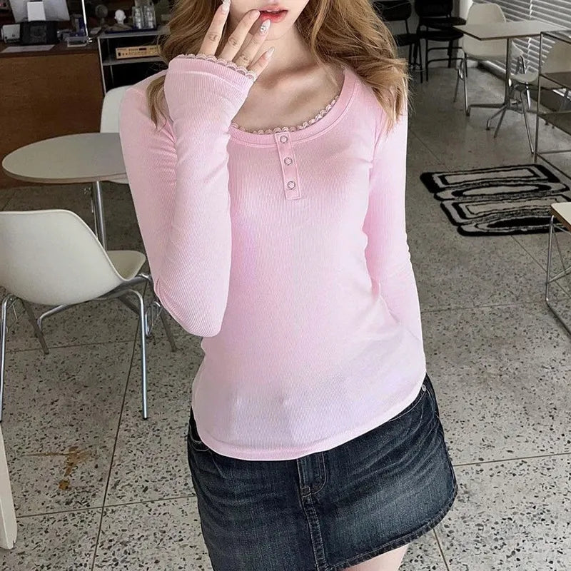 Pink Lace Trim Long Sleeve Shirt