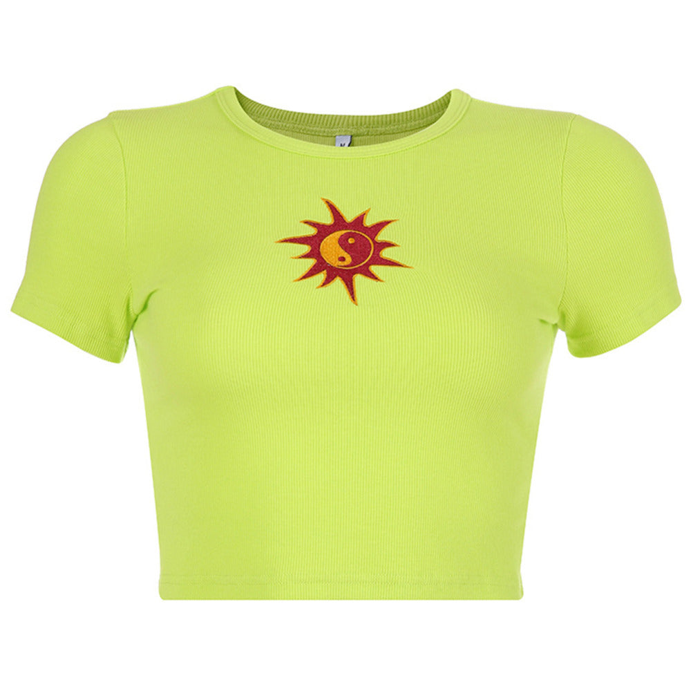 Cute Ying Yang Sun Embroidery Short Sleeve Shirt Crop Top Tee T-shirt E-Girl Kawaii Korean Japanese Harajuku Chinese Retro Streetwear Aesthetic