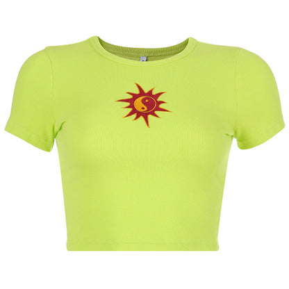 Cute Ying Yang Sun Embroidery Short Sleeve Shirt Crop Top Tee T-shirt E-Girl Kawaii Korean Japanese Harajuku Chinese Retro Streetwear Aesthetic