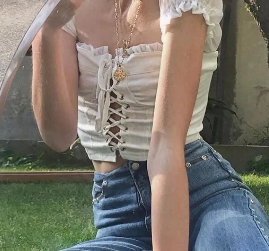 Cute Sexy Lace Up Ruffle Crop Top Short Sleeve Shirt T-shirt Tee Top Kawaii Korean Japanese Harajuku Chinese Retro Streetwear Aesthetic Fashion