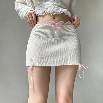 White Knit Bow Ribbed Trim Low Waist Mini Skirt
